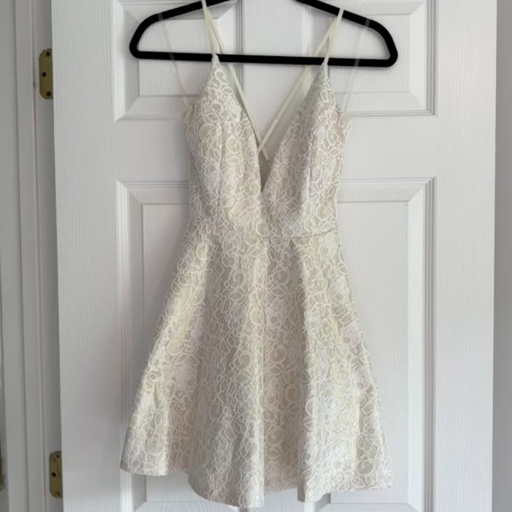 Ivory and Gold Shiny Lace Dress - Picture 2 of 3